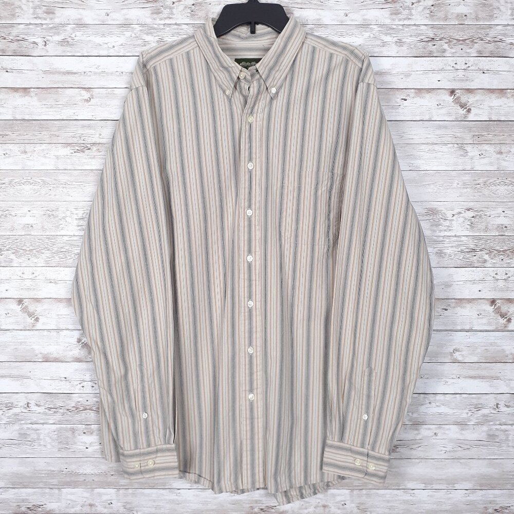 Eddie Bauer Mens Button Down Shirt XL Tall Long Sleeve Tan Gray Stripe 278